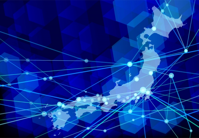 日本地図とネットワークを示す線